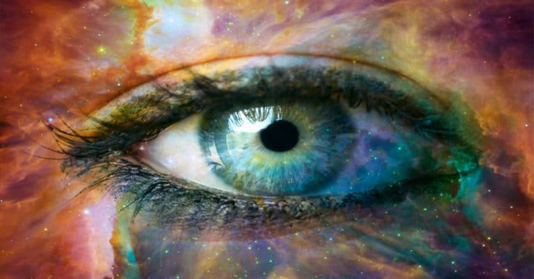 A woman's eye with vibrant colors.
