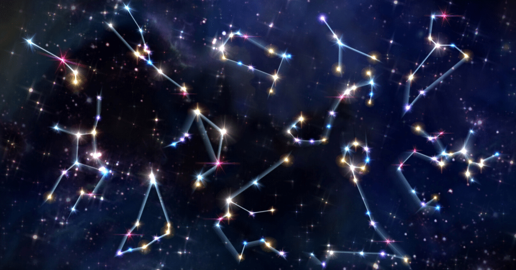 The constellations are shown in the sky, displaying astrology.