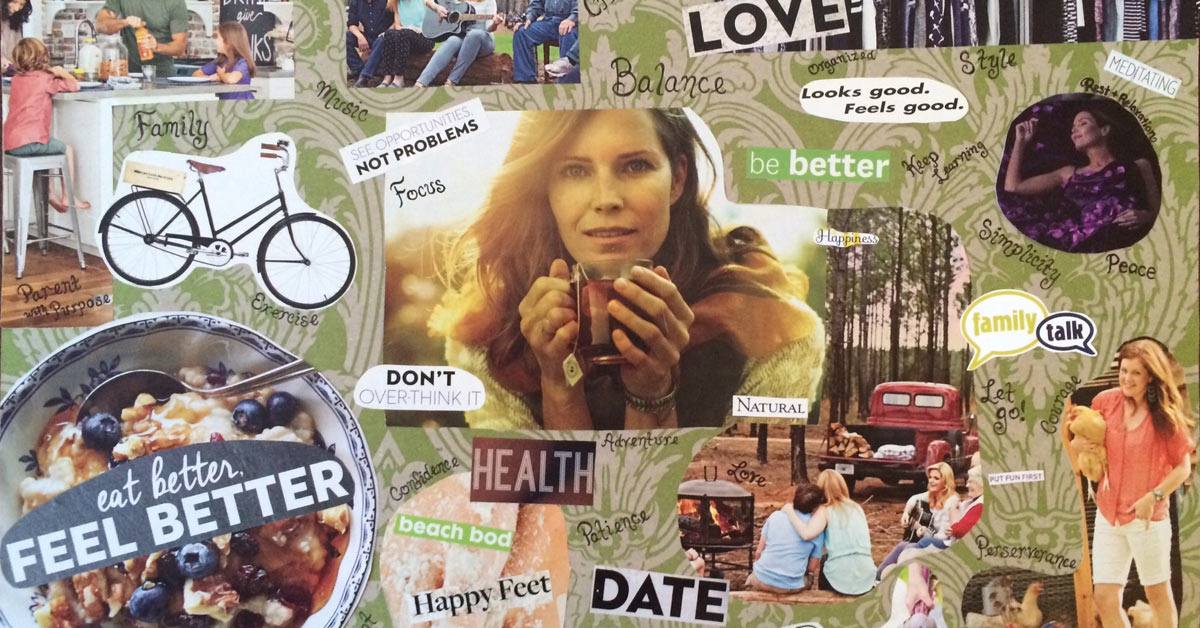 A collage with pictures of a woman and a bike.