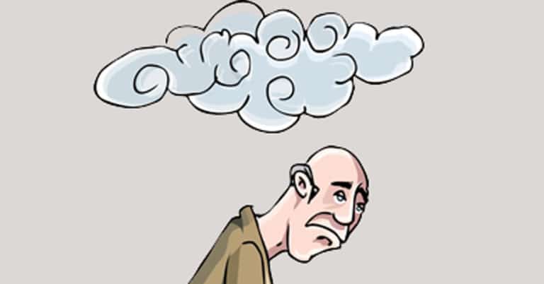 A cartoon representation of a man experiencing depression with a cloud above his head occasionally resurfacing.