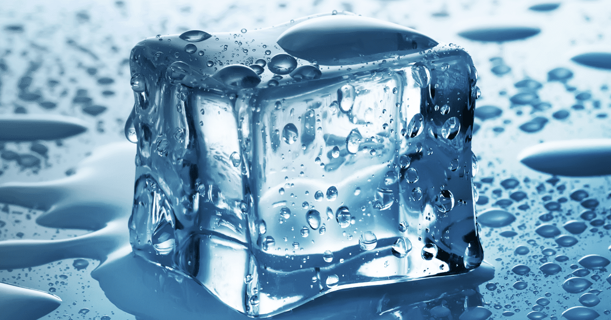 An ice cube with water drops, a visual reminder on how to keep calm.