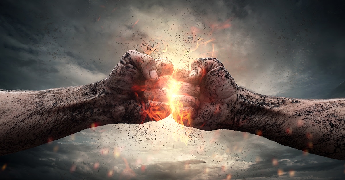 Two fists engulfed in flames, symbolizing an intense and potentially destructive bond.