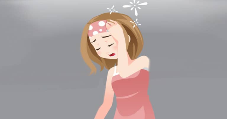 A girl dressed in pink is clutching her head, indicating low serotonin levels.