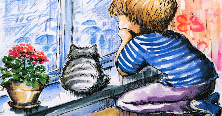 A boy finds comfort as he gazes at a cat through a window, reassuring himself that everything will be ok.