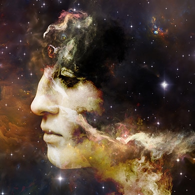 Artwork of face painted into the universe of stars and colours
