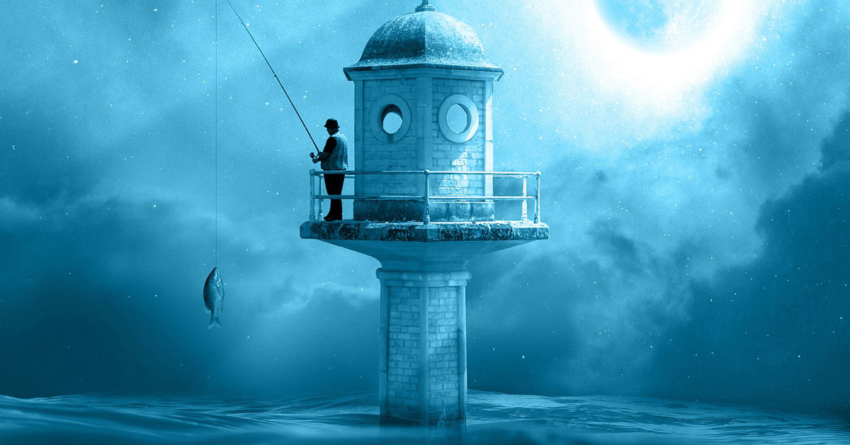 A man utilizes Law Of Attraction Techniques while fishing from a lighthouse in the ocean.