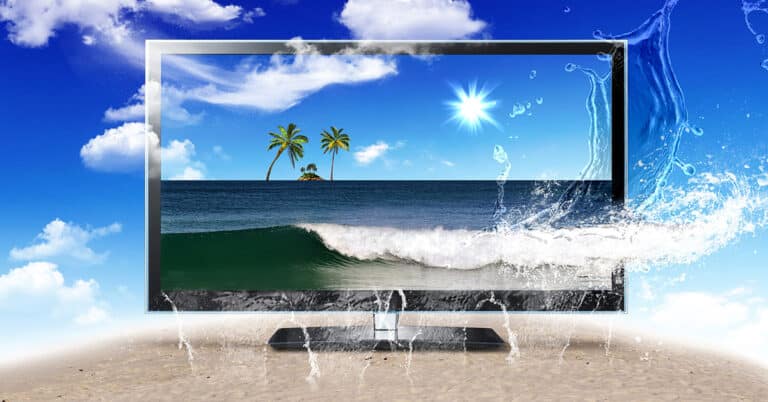 A mesmerizing TV screen showcasing an ocean view surrounded by palm trees to uplift your vibration and immerse yourself in the power of Law of Attraction videos.