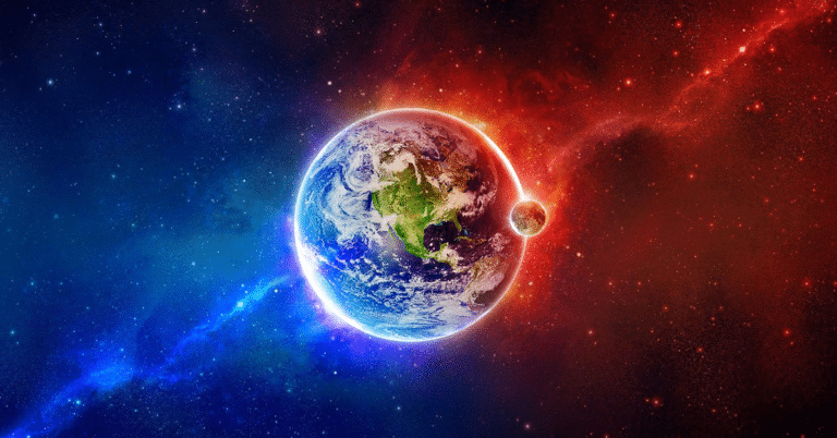 The earth embodies the law of polarity, with a red and blue background in space.