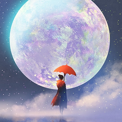 Artistic image of a woman dressed in red holding a red umbrella with a beautiful moon in the background