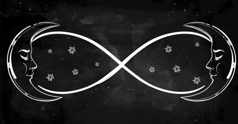 A black and white image of two faces in the shape of an infinity symbol, representing eternal love.